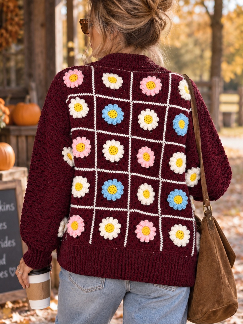 Hand Knit Crochet Flower Slouchy Cardigan Sweater XL
